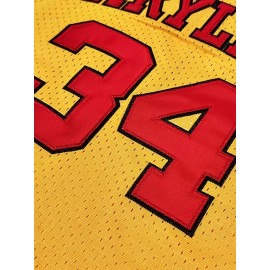 Men's #34 Yellow Basketball Jersey with Red Accents - Embroidered Polyester, Loose Fit, Breathable & Stretch Fabric for Sports, Casual Wear, and Outdoor Activities, Sizes S-XXXL