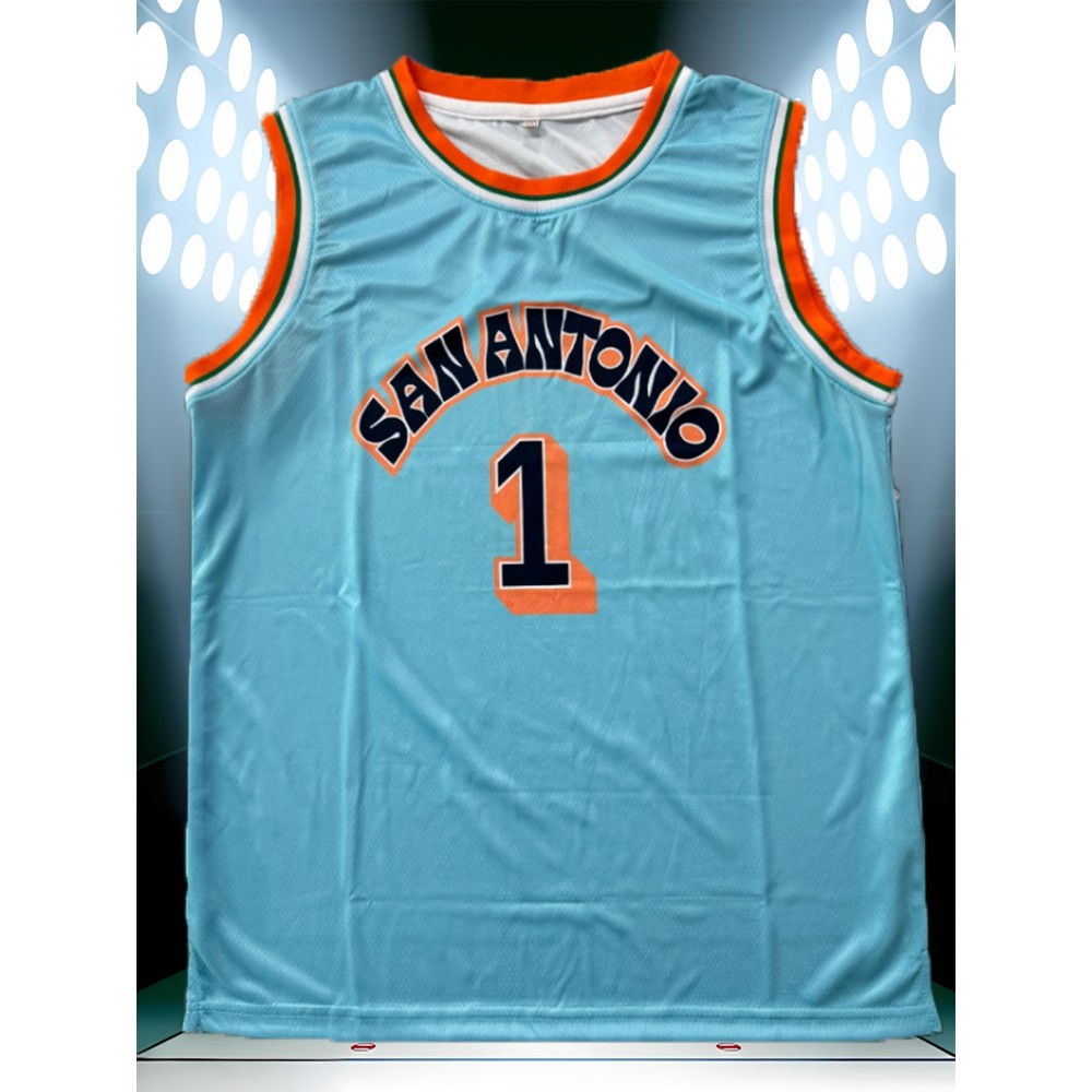 Men'S Basketball Suit # 1 Sky Blue V-neck Embroidered Polyester Loose Micro Elastic Fabric S-XXXL
