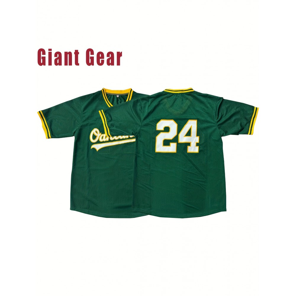 Men's #24 Green Baseball Jersey - Breathable Embroidered Polyester, Loose Fit V-Neck Button-Up for Team Sports, Training & Casual Outings | Machine Washable, Spring/Summer/Fall | Sizes S-3XL