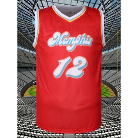 Men's #12 Red Basketball Jersey - Vibrant Orange & Blue Design, Breathable Polyester Mesh for Training, Competition, and Team Sports, Sizes S-XXXL
