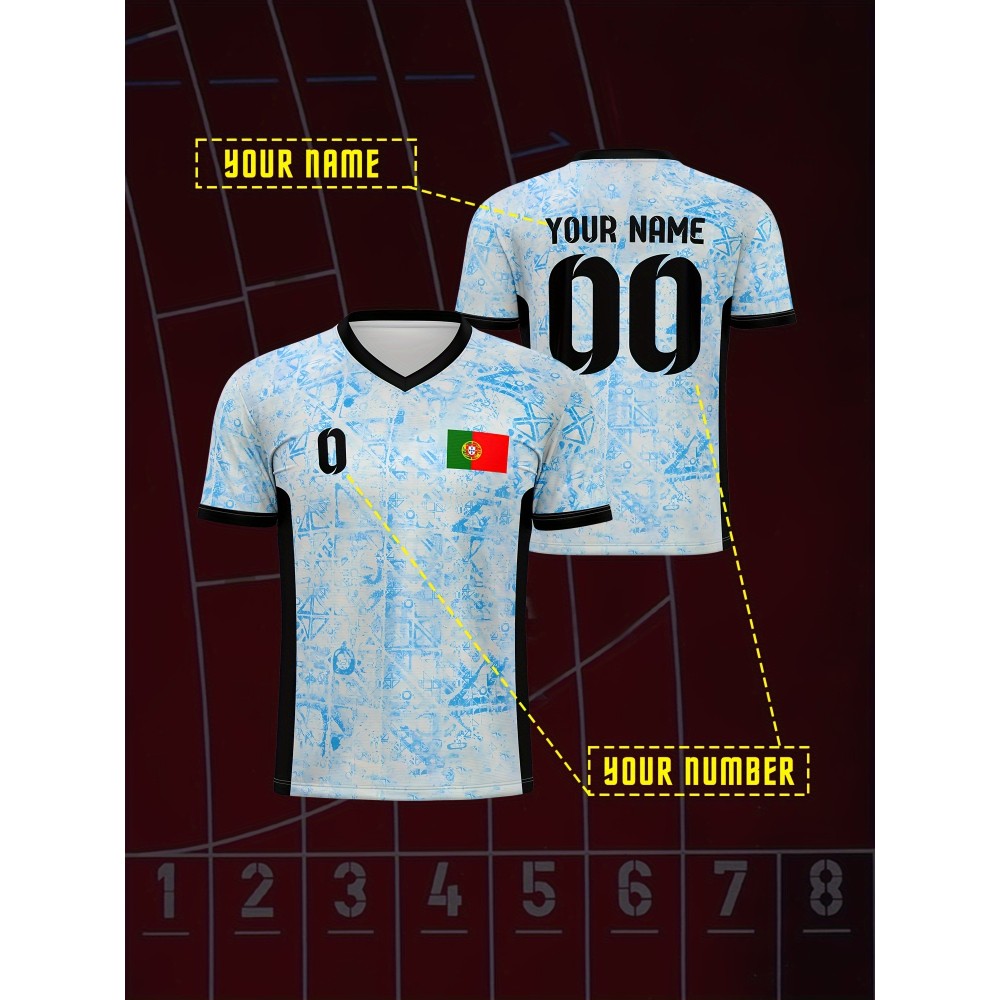 Customizable Youth Soccer Jersey - V-Neck Athletic Top with Name & Number, Light Blue & White Pattern, Breathable Fabric for Soccer, Running, Beach & Casual Wear, Soccer Accessories, Soccer Player Gear, Sporty Youth Design, Comfortable Fit