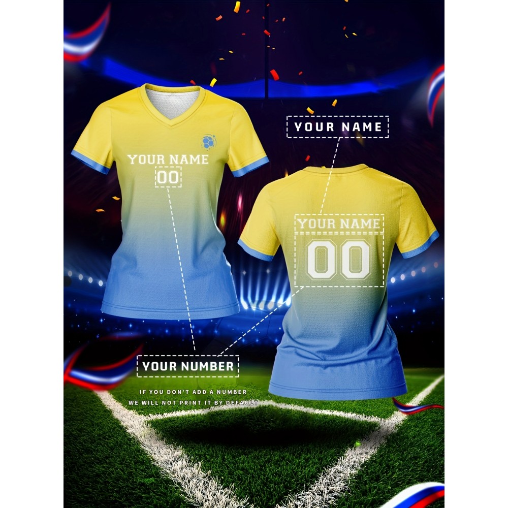 Customized Women'S V-Neck Football Shirt, Polyester 100%, Quick-Dry Knit Fabric, All Over Print, Regular Length, Slight Stretch, Sports Style, for Team Training & Fitness, Spring/Summer/Fall - 210g/m²