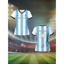 Customizable Women'S V-Neck Football Jersey - Light Blue & White Checkered, Breathable & Quick-Dry, Perfect for Team Training & Fitness, Team Branding Apparel | Checkered Pattern | Comfortable Fit, Football Jersey