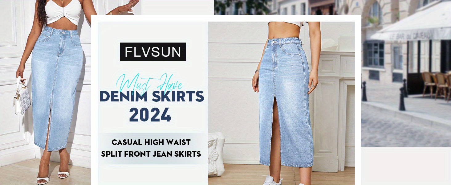 Womens Front   Thigh   Denim Skirt High Waist Casual Midi Length Jean Skirt for Curvy Females details 2