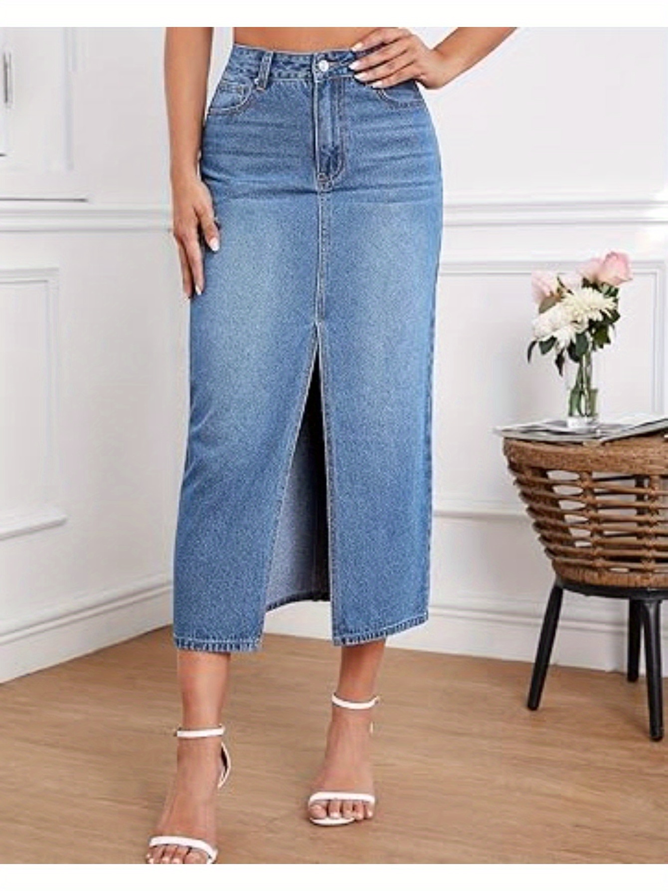 Womens Front   Thigh   Denim Skirt High Waist Casual Midi Length Jean Skirt for Curvy Females details 10