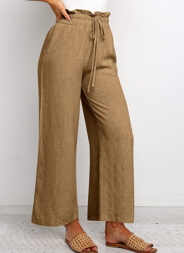 Elegant Solid Color Wide-Leg Pants with   Waistband and Lace-Up Detail - Breathable Polyester, Multiple Colors   details 12